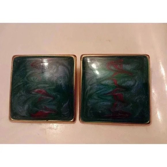Vintage Pierced Earrings Big Bold Square Retro Green Swirl Gold Tone - Picture 1 of 2